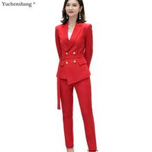 Women Fashion Pant Suit 2 Piece Set Short Sleeve Suit Double Breasted Button Red Jacket and Pant for Girl Hotel Work Wear 2024 - buy cheap