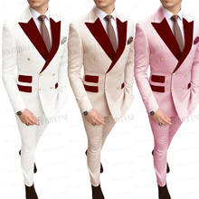 Golden Buttons Men Suits Set Custom Made White Groom Wedding Suit Tuxedo Burgundy Velvet Lapel Blazer Business Wear Jacket Pants 2024 - buy cheap