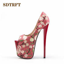 Sdtrft sexy bordado 20cm finos saltos altos bombas vermelhas peep toe mulher rasa boca sapatos zapatos de mujer tamanho super: 34-48 49 50 2024 - compre barato