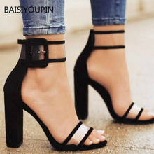 34-43 Pumps Solid Casual Women Sandals Sexy Non-Slip PU Leather Belt Buckle Strap 10CM High Heels Thick Heel Party Female Shoes 2024 - buy cheap