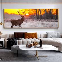 Pintura en lienzo de Vista de ciervo en el bosque, póster de paisaje al atardecer, imágenes artísticas de pared para sala de estar, decoración del hogar, Cuadros 2024 - compra barato