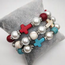 Handmade Imitation Pearls Turquoise Cross Pendant Bracelet Adjustable Elastic Beaded Strand Bracelet Women Prayer Jewelry Gift 2024 - buy cheap
