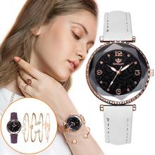 Relógio com pulseira de couro feminino, relógio de pulso de quartzo com pulseira de couro, analógico de aço, conjunto com 5 peças 2024 - compre barato