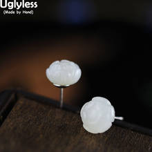 Uglyless 10mm lotus studs brincos para mulheres mini brincos hetian branco jade brincos bijoux real 925 prata flor de lótus jóias 2024 - compre barato