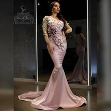 Vestido de fiesta de sirena de satén Rosa melocotón con cuello en V, Sexy, mangas transparentes, cristales, flores 3D, volantes, vestidos de noche para desfile 2024 - compra barato