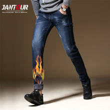 Jantour 2022 New Winter Men's Warm Fleece Jeans Men Stretch Casual Skinny Thick Denim Jean Soft Black Brand Pants Trousers Male 2024 - buy cheap