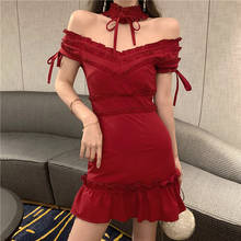 Sexy Off Shoulder Smocked Bodycon Dress Women halter neck Ruffles Mini Red Dresses Ladies Short Party Club Dress Vestidos 2024 - buy cheap