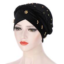 2021 Velvet muslim women inner caps for hijab India wrap head turban bonnet with bead solid color hijab underscarf caps turbante 2024 - buy cheap