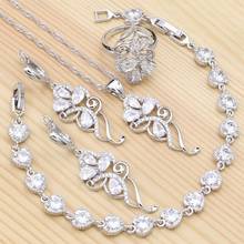 925 prata Conjunto De Jóias de Noiva para As Mulheres Branco Cubic Zirconia Anel de Cristal Pulseira Pingente de Colar Brincos De Jóias de Casamento Kit 2024 - compre barato