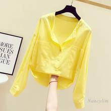 2021 Spring Summer New V Neck Long Sleeve Patch Pocket Single Breasted Yellow Shirt Women Casual Loose All-Match Blouse Tops 2024 - buy cheap