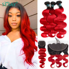 Sexay Peruvian Hair Bundles With Closure 2/3 Pcs With 13x4 Lace Frontals 10A Remy Human Hair Ombre Red Bundles With 4x4 Closures 2024 - buy cheap