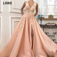 LORIE Blush Prom Dress Long V-Neck Appliques Flowers Handmade Side Split Tulle Formal Evening Gowns Girl Graduations Party Dress 2024 - buy cheap