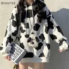 Hoodies Women Printed Hooded Retro Streetwear Korean Style Cow Loose Japanese Thin Student Chic Popular Front Pocket Leisure New 2024 - buy cheap