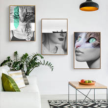 Nordic Sexy Fashion Woman Cats Abstract Art Combine Canvas Painting Poster Print Picture Wall Living Room Bedroom Home Decor 2024 - buy cheap