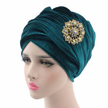 New Turban Cap With Diamond Brooch Muslim Fashion Women Long Tail Head Scarf Caps Hijab Bonnet Femme Musulman Head Wrap Hat 2024 - buy cheap