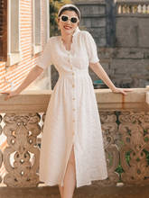 Mulher rosa jacquard chique onda com decote em v vestido de verão francês retro único breasted temperamento branco midi vestido 2024 - compre barato
