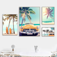 Tabla de surf de mar, playa, árbol de coco, estrella de mar, pintura en lienzo, carteles nórdicos e impresiones, imágenes de pared para decoración de sala de estar 2024 - compra barato