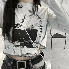 NYOOLO Casual streetwear irregular letters print high waist long sleeve t-shirt women Harajuku hip hop punk pullovers tops tee 2024 - buy cheap