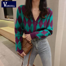 Vangull Argyle Plaid Women Cardigan Sweater Autumn New Short Contrast V-neck Loose Knitted Casual Vintage Korean Sweater Coat 2024 - buy cheap