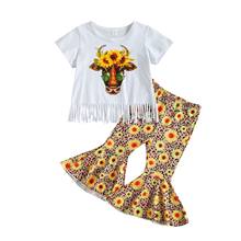 2021 New Summer 1-6Y Baby Girl 2Pcs Set Sunflower Garland Cow Print Short Sleeve Tassels Top+Floral Leopard Flared Pants Clothes 2024 - buy cheap