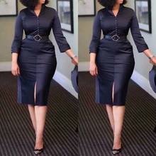 Элегантное облегающее платье женское офисное женское 3/4 рукав v-образный вырез на пуговицах однотонное облегающее платье черное платье осеннее Африканское 2024 - купить недорого