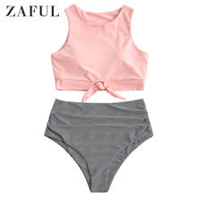 ZAFUL-traje de baño anudado a rayas para mujer, Tankini de cintura alta, traje de baño con cuello redondo fruncido, Bonito traje de baño acolchado extraíble 2020 2024 - compra barato