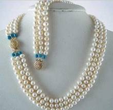 Jewelry Free Shipping  Beaufiul 7-8MM 3 row WHITE FW PEARL NECKLACE +BRACELET SET AAA 2024 - buy cheap