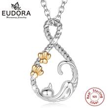 EUDORA-collar con colgante de gato durmiente de plata de ley, joyería de Animal con huellas de gato doradas, para mujer y niña, con caja, D187 2024 - compra barato