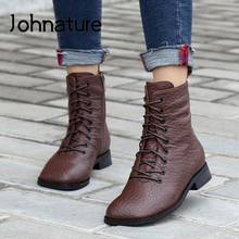 Johnature Winter Women Boots Genuine Leather Shoes 2022 New Zip Sewing Fashion Lace-Up Concise Handmade Leisure Platform Boots 2024 - buy cheap
