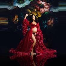 Elegante vermelho extra inchado tule vestidos para grávidas mangas compridas sexy sheer ver através nupcial fotografia maternidade tule robes 2024 - compre barato