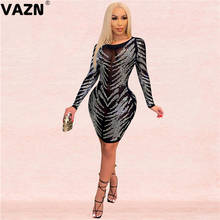 VAZN New 2021 New O-neck Sequins Glitter Evening Gown Women Elegant Fashion Mini Dress Slim Dress Club Birthday Shinny Dress 2024 - buy cheap