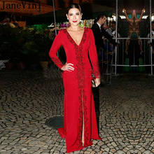 JaneVini-vestido Formal rojo de Dubai, vestido de noche de talla grande, con cuentas de encaje dividido, sirena, manga larga, Avondjurken 2024 - compra barato
