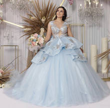 Light Blue Quinceanera Dress 2021 Ball Sheer Neck Tulle Bow Tiered Appliques Sequins Princess Sweet 16 Gown Vestidos De 15 Años 2024 - buy cheap