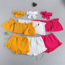 Conjunto de roupas de verão para crianças de 1 a 6 anos, regata com ombros de fora, calções e tiara com fundo, 3 peças 2024 - compre barato