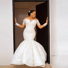 2021 Plus Size Aso Ebi Wedding Dresses Mermaid Style With Long Train Satin Long Sleeves Lace Appliques Bridal Gowns 2024 - buy cheap