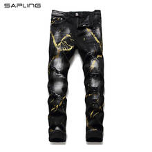 Мужские рваные джинсы с золотистыми красками, Стрейчевые прямые брюки из денима с дырками, уличная одежда, черные 2024 - купить недорого