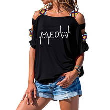 T camisa feminina impressão miow gato o-pescoço casual camiseta moda manga curta unissex camiseta para fora do ombro 2024 - compre barato