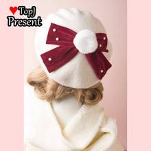 Super large velvet bow Beret pearl rabbit hair ball super sweet Japanese bud hat for women in autumn and winter 2024 - buy cheap