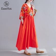 EaseHut женское комбинированное платье с принтом, хлопковые льняные платья с V-образным вырезом и рукавом до локтя, повседневное свободное летнее платье, женское мешковатое платье 2024 - купить недорого