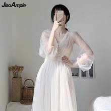 Vestido blanco de malla para mujer, ropa elegante con botones y cuello en V, primavera y verano, 2021 2024 - compra barato