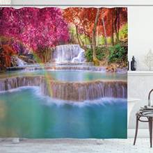 Cachoeira cortina de chuveiro chuva floresta no vietnã laos com sul rosa e laranja árvores lado do rio imagem pano decoração do banheiro 2024 - compre barato