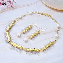 GG Jewelry Naural Clear Quartz Druzy White Rice Pearl Necklace Earrings Set 18" Cute Style For Lady Women Gift Jewelry 2024 - buy cheap