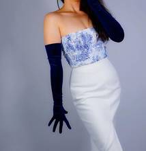 Feminino elegante elástico veludo longo luvas feminino cor azul escuro pleuche festa luva de condução 60cm r2758 2024 - compre barato