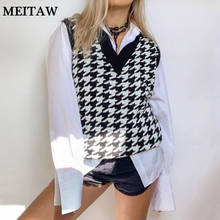 Women Houndstooth Pullover 2020 Autumn Winter Loose Knitted Sweater Vest Casual Korean V Neck Sleeveless Jumper Tops 2024 - buy cheap