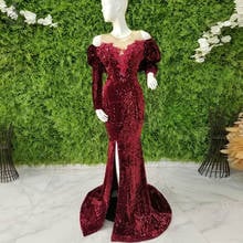 Aso ebi borgonha lantejoulas vestido de noite plus size dividir mangas compridas árabe formal vestidos de baile robe de soiree feito sob encomenda 2024 - compre barato