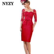 Nyzy m361a elegante 3/4 mangas mãe vermelha da noiva vestidos 2021 curto vestido de festa de casamento vestidos de cóctel 2024 - compre barato