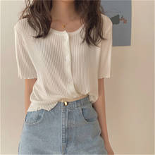 2021 New Korean Temperament O-neck Solid Cardigans Loose Women Tops Fashion New Ice Silk Knitted Sweater Female Summer 2024 - buy cheap