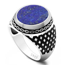 Lapis Lazuli Stone Ring for Men Vintage 925 Sterling Silver Cross Chain Geometric Design Rings Turkish Handmade Jewelry Gift 2024 - buy cheap