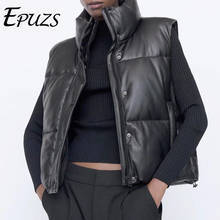ZA 2021 women Winter Black Warm Faux Leather Vest Coat Casual Zipper Sleeveless Jacket Female Short Cotton Outwear 2024 - buy cheap