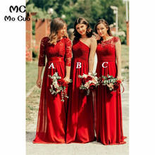 Vestido de dama de honor rojo encantador, encaje LARGO DE 3/4 mangas, línea A, vestido de fiesta de boda, longitud hasta el suelo, vestido de dama de honor de gasa para mujer 2024 - compra barato